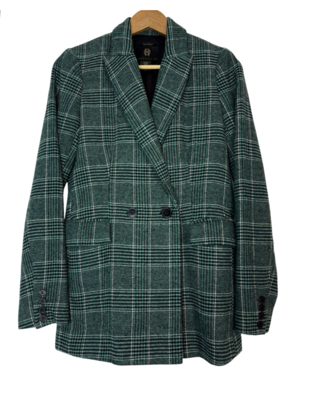 House of Harlow Blazer Jacket Green Tartan Plaid Double Breasted Wool XS - Picture 6 of 14